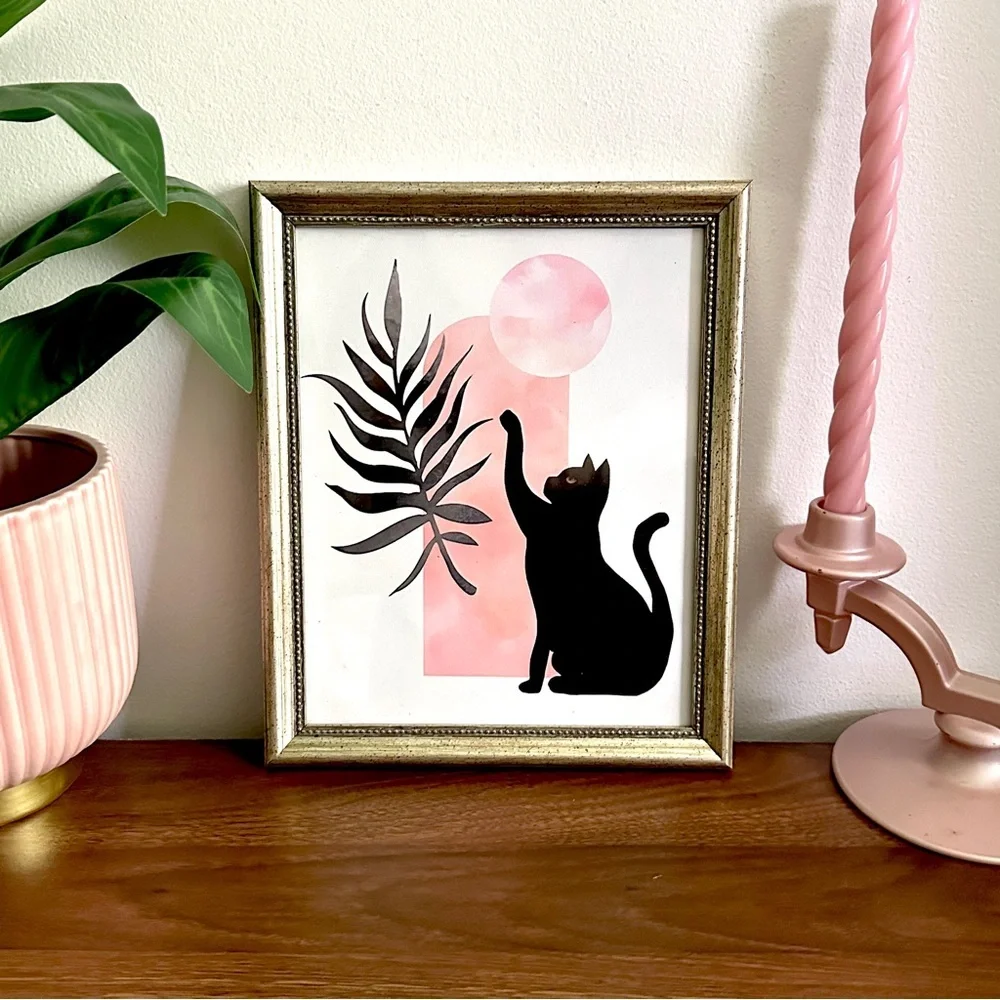 Pink Moon Black Cat Bohemian Leaf Pink Aesthetic Canvas Art Print Silver Framed